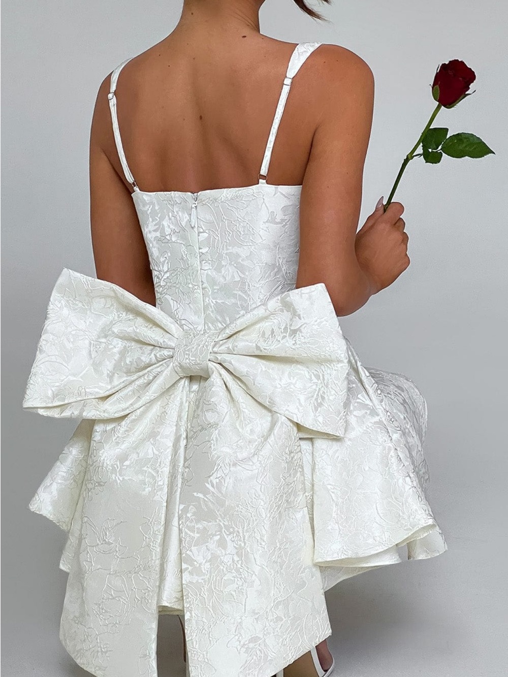 Ivory Floral Jacquard Bow-Back Formal Dress
